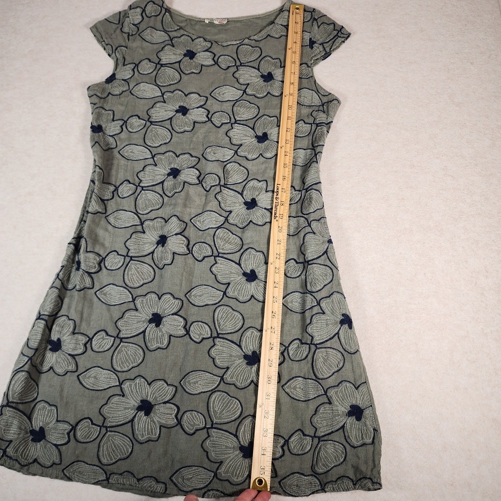 Puro Lino Linen Floral Embroidered Dress Sleeveless Casual Olive Green - Picture 4 of 7